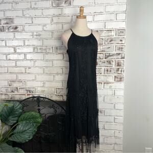 Vintage 90s Stenay Black Beaded Floral Sheer Sleeveless Midi Dress Size 12